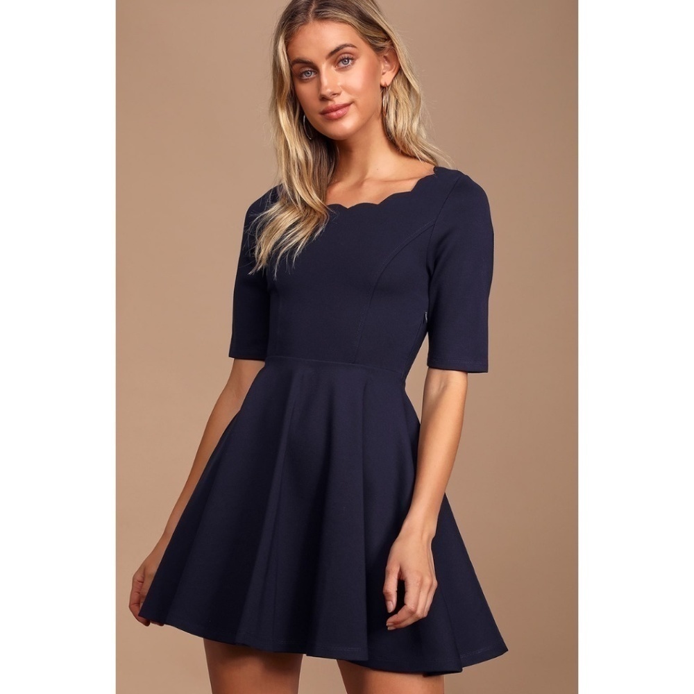 LULUS Women Tip the Scallops Navy Blue Scalloped Skater A Line Dress Medium
